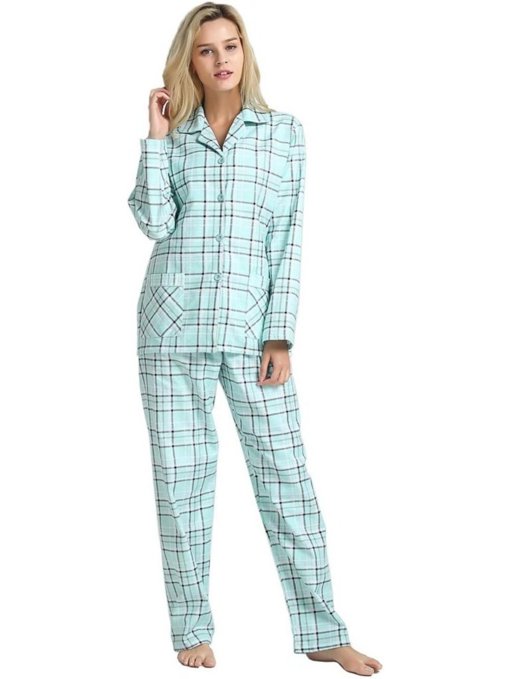 Cozy Women's 100% Cotton Flannel Pajama Set - Long Sleeve, Button Up, Drawstring